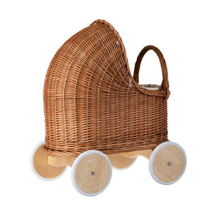 Natural Wicker Doll Pram – Beige Bedding