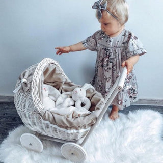 Whitewashed Wicker Doll Pram – Beige Bedding