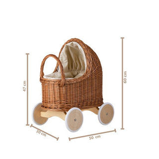 Natural Wicker Doll Pram – Beige Bedding