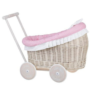 Whitewashed Wicker Doll Pram Luna – Pink Bedding